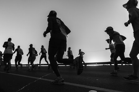 Ultra marathon runner closeup black and white dawn lightのeditorial素材