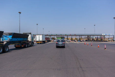 Drivers View travelling road highway  toll gates vehicle route  at N3 Mooi River Plaza.のeditorial素材