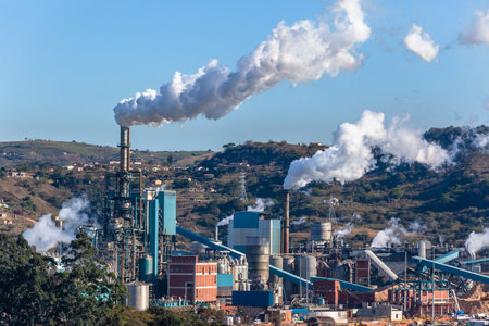 Factory operating large infrastructures steam boliers smoke silos in rural countryside valley...