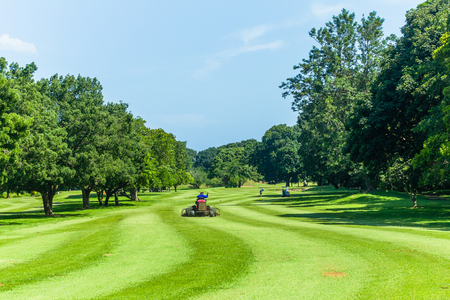 Golf course hole players lawn mower operator cutting grass  scenic summer coastal course.の写真素材