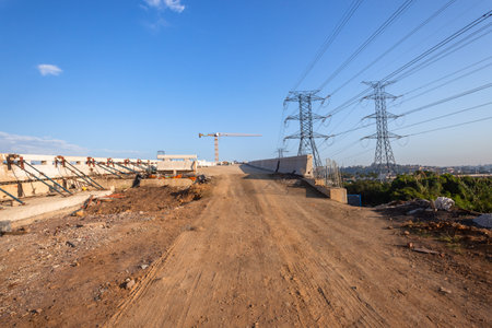 Construction of new civil engineering vehicle highway junction cross-over intersection concrete...