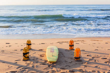 Beach sand ocean lifeguard  rescue crafts  scenic landscape early morning .の写真素材