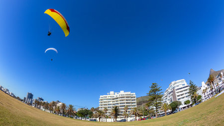 Paragliders tandem parachutes blue sky closeup flight landing front of buildings mountains onto promenade grass field at Seapoint Cape Town.の写真素材