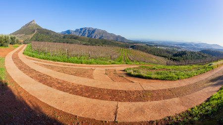 Wine vineyards over the farmlands valley next to high mountain terrain a scenic landscape.の写真素材