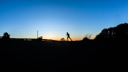 Marathon runners silhouetted morning dawn sunrise running up hill in ultra distance raceの写真素材