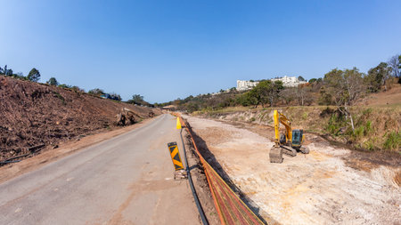 Industrial Road Highways Expansion of Ramp Flyovers foundations securing river canal earthwork on going projects landscape.の写真素材