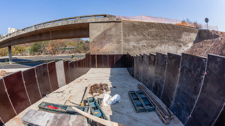 Industrial Road Highways Expansion of Ramp Flyovers foundations securing river canal earthwork on going projects landscape.の写真素材