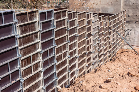Industrial Road Highway Expansion of Ramp Flyover foundations panels scaffolding materials at earthwork site  on going project landscape close-up photograph.の写真素材