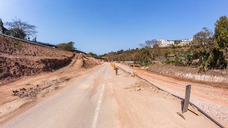 Industrial Road Highways Expansion of Ramp Flyovers foundations securing river canal earthwork on going projects landscape.の写真素材