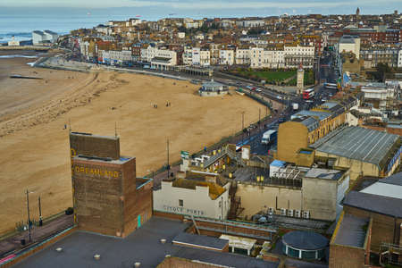 Margate, United Kingdom - February 5, 2021: The view from Arlington House in Margate towards the Main Sands, with Dreamland in the foreground and Turner Contemporary in the top left.のeditorial素材