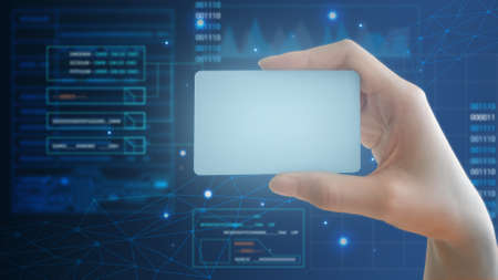 digital card in hand isolated, access personal financial data, id card on virtual screen, Abstract science or technology backgroundの写真素材