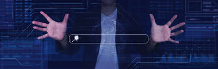 Data Search Technology Search Engine Optimization. man's hands are using a computer keyboard to website. The real world with icons innovation technology future background.の写真素材