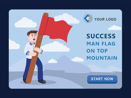 Businessman standing with red flag on mountain peak, Business, success, leadership, cartoon character vector illustration.のイラスト素材