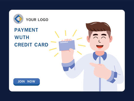 businessman holding credit card, financial investments, currency market, mobile banking app in hand. Online cashless payment, cartoon character vector illustration.のイラスト素材