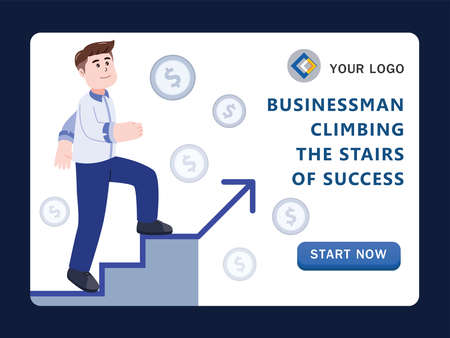 businessman walking up the ladder of success, step, going up, cartoon character vector illustration.のイラスト素材