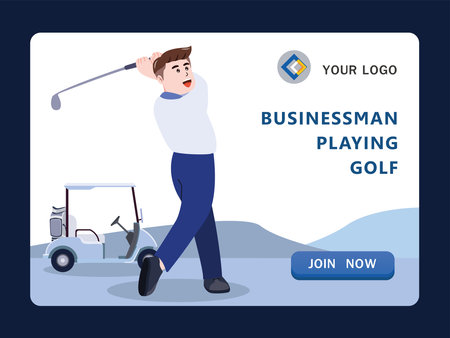 Businessman hitting golf in golf club, driving golf, golfer man cartoon character vector illustration.のイラスト素材