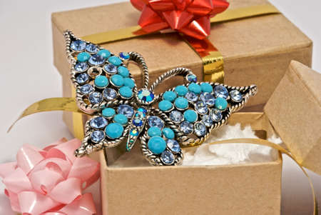 Butterfly jewelry next to an opened present.の写真素材