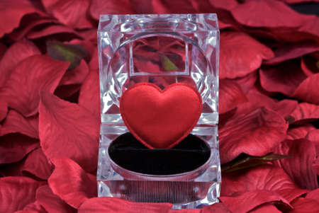 Heart in an open glass box surrounded by rose petals.の写真素材