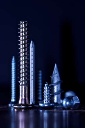 Variety of screws and bolts with reflection.