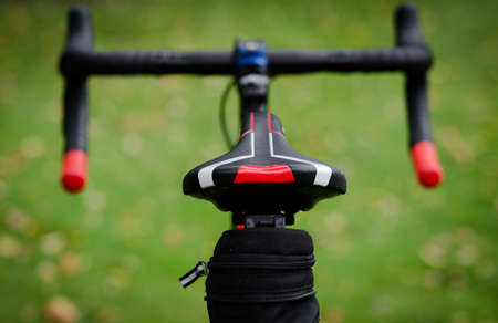 Rear view of bicycle with focus on saddle.の写真素材