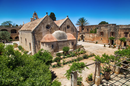Arkadi or Moni Arkadiou monastery at Crete, Greece - famous Greek Orthodox monastery, symbol of...