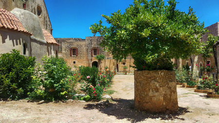 Arkadi or Moni Arkadiou monastery at Crete, Greece - famous Greek Orthodox monastery, symbol of...