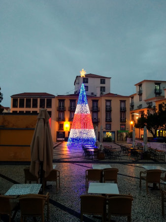 A Christmas tree made of glowing LED lights on the island of Madeira (Portugal)の写真素材
