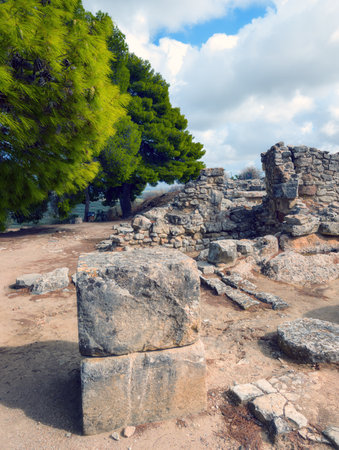 View of the Greek archaeological site of the Palace of Phaistos on the Mediterranean island of Crete...