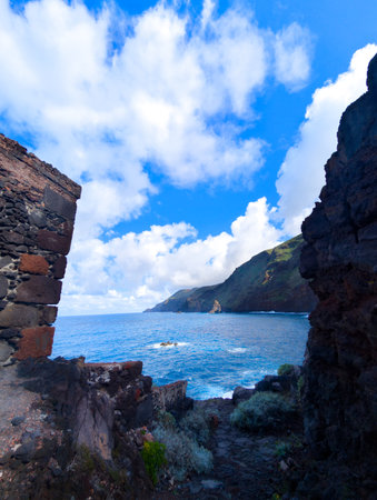 View of the wild Atlantic Ocean on the north coast of the Canary Island of La Palma (Spain)の写真素材