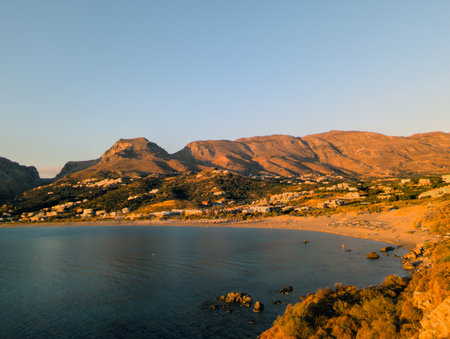 View of the village of Plakias, located in the south of the Greek island of Creteの写真素材