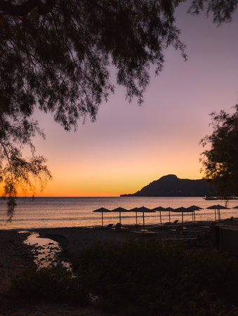 Sunset in the bay of Plakias on the Greek island of Creteの写真素材