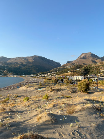 View of the wide beach of Plakias in the south of the Greek island of Creteの写真素材