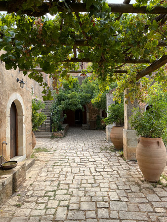 Part of the courtyard of the Arcardi Monastery on the Greek island of Crete