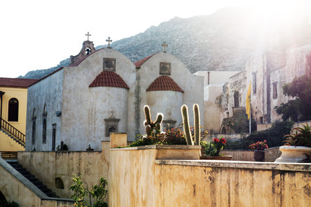 Sunset in the historic monastery Of Preveli On The Island of Crete (Greece)の写真素材