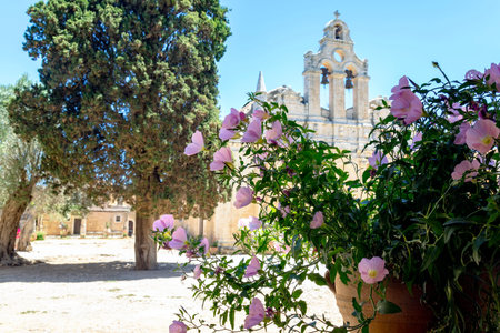 The facade of the church of the historic Arkadi Monastery on the island of Crete (Greece)の写真素材