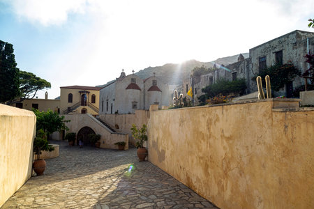 Sunset in the historic Monastery Of Preveli on the island of Crete (Greece)の写真素材