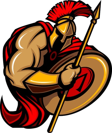 Spartan Trojan Mascot Cartoon with Spear and Shieldのイラスト素材