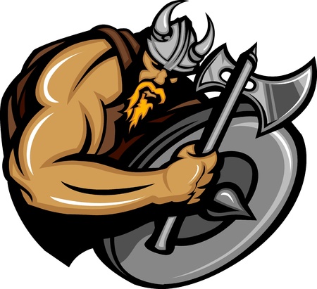 Viking Norseman Mascot Cartoon with Ax and Shieldのイラスト素材