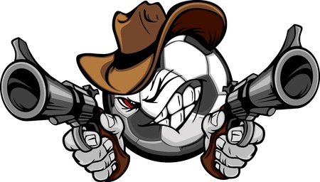Soccer Ball Cartoon Face with Cowboy Hat Holding and Aiming Guns のイラスト素材