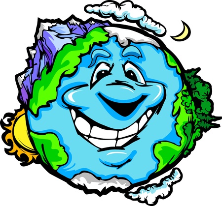 Cartoon Vector Image of a Happy Smiling Planet Earth with Mountain and Ocean のイラスト素材