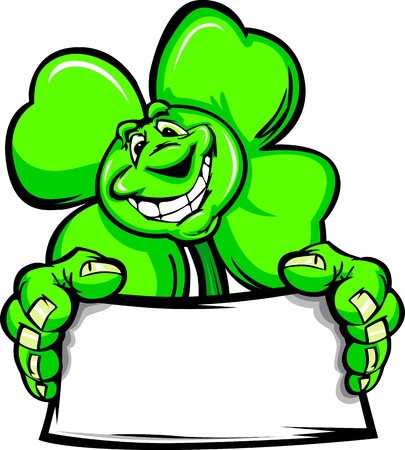 Cartoon Vector Illustration of a Happy Smiling Four Leaf Clover holding a Sign on St Patricks Dayのイラスト素材