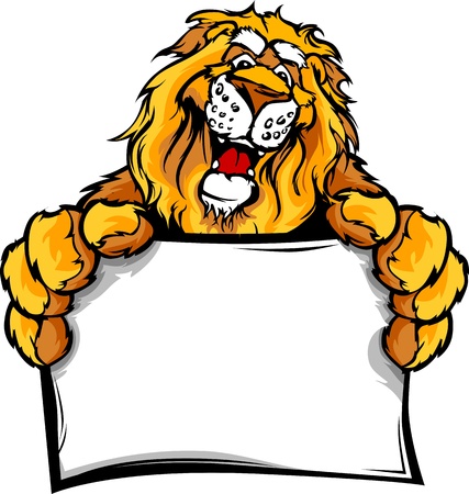 Lion Head Smiling Mascot Holding Sign Vector Illustration のイラスト素材