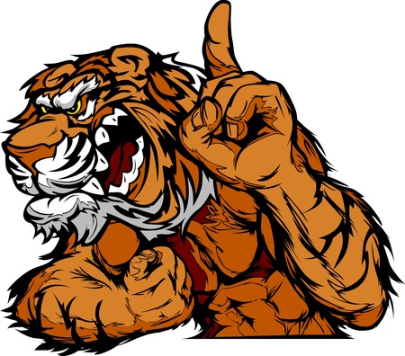 Cartoon Vector Mascot Image of a Tiger Flexing Arms and Holding up Champion Fingerのイラスト素材