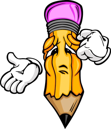 Cartoon Pencil with Face Pondering Creativity or Confused about Test Answer のイラスト素材