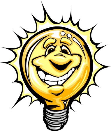 Cartoon Light Bulb with Smiling Face as though having a good idea or energy savingsのイラスト素材