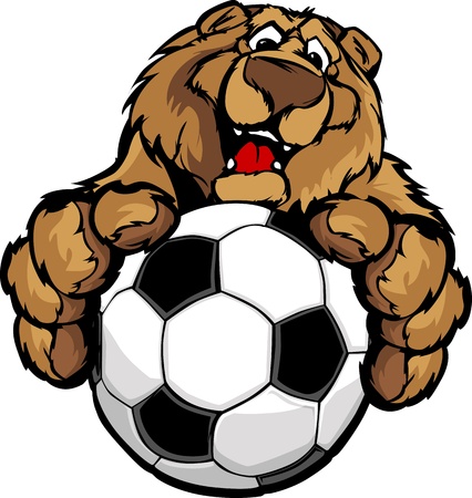 Graphic Mascot Image of a Friendly Bear with Paws on a Soccer Ballのイラスト素材