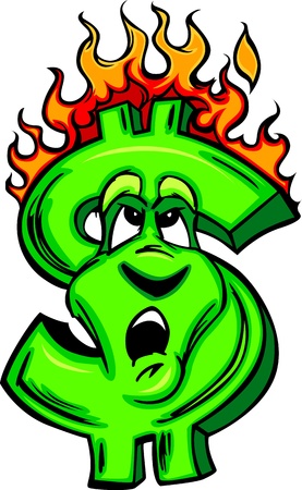 Cartoon Money Sign on fire with flames and Worried Faceのイラスト素材
