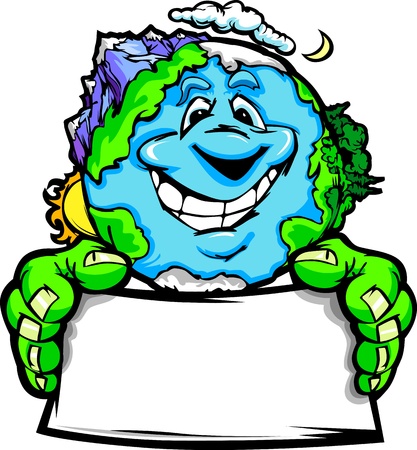 Cartoon Image of a Happy Smiling Planet Earth with Mountains and Oceans Holding a Sign for Earth Day のイラスト素材