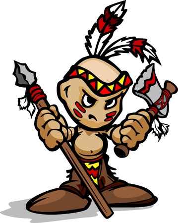Cartoon Vector Illustration of a Tough Kid Indian Brave with Spear and Tomahawk in Handsのイラスト素材