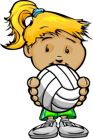 Cartoon Vector Illustration of a Cute Girl Volleyball Player with Hands Holding Ballのイラスト素材